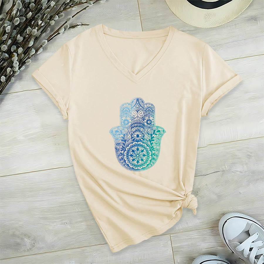T-shirt de yoga à col en V Olivenorma avec imprimé mandala main Hamsa dégradé - Kaki - 2XL - image 3