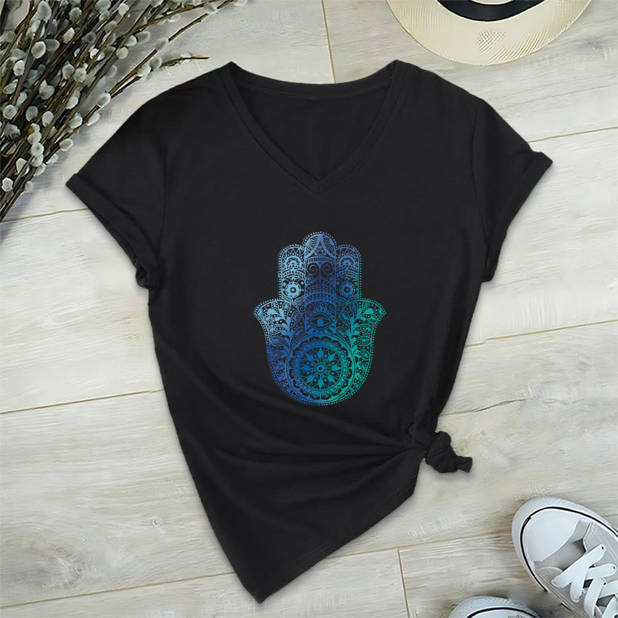 T-shirt de yoga à col en V Olivenorma avec imprimé mandala main Hamsa dégradé - Noir - 2XL - image 12