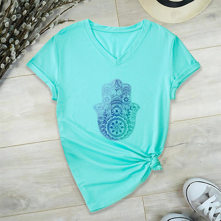 T-shirt de yoga à col en V Olivenorma avec imprimé mandala main Hamsa dégradé - Lac Bleu - 2XL - image 9