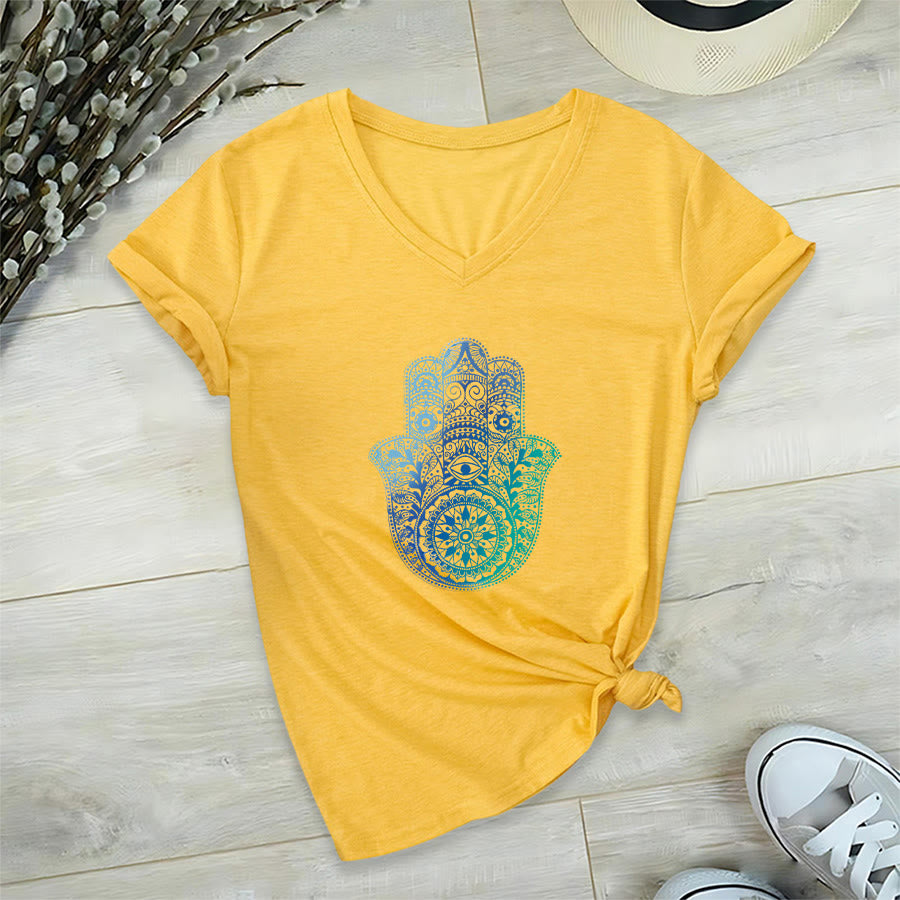 T-shirt de yoga à col en V Olivenorma avec imprimé mandala main Hamsa dégradé - Jaune - 2XL - image 30