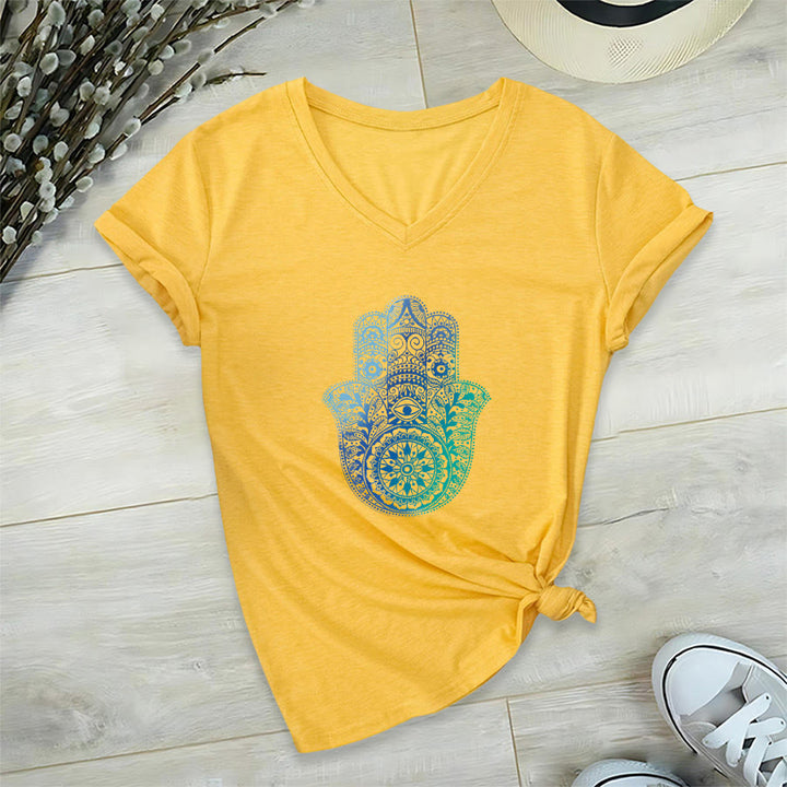 T-shirt de yoga à col en V Olivenorma avec imprimé mandala main Hamsa dégradé - Jaune - 2XL - image 30