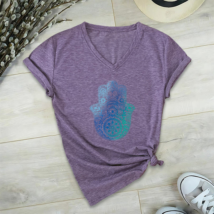 T-shirt de yoga à col en V Olivenorma avec imprimé mandala main Hamsa dégradé - Violet - 2XL - image 36