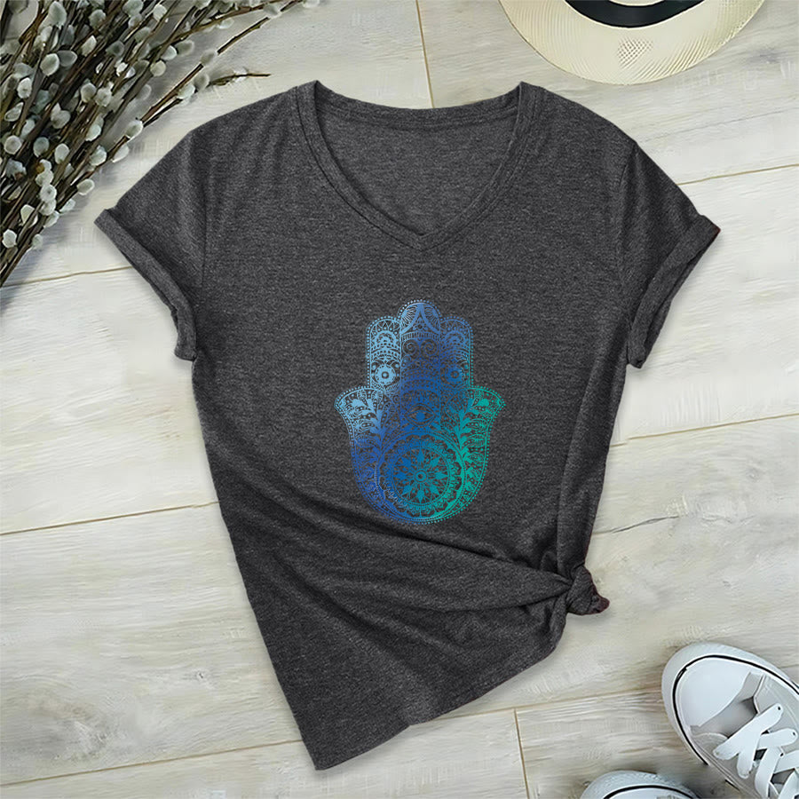 T-shirt de yoga à col en V Olivenorma avec imprimé mandala main Hamsa dégradé - Gris - 2XL - image 15