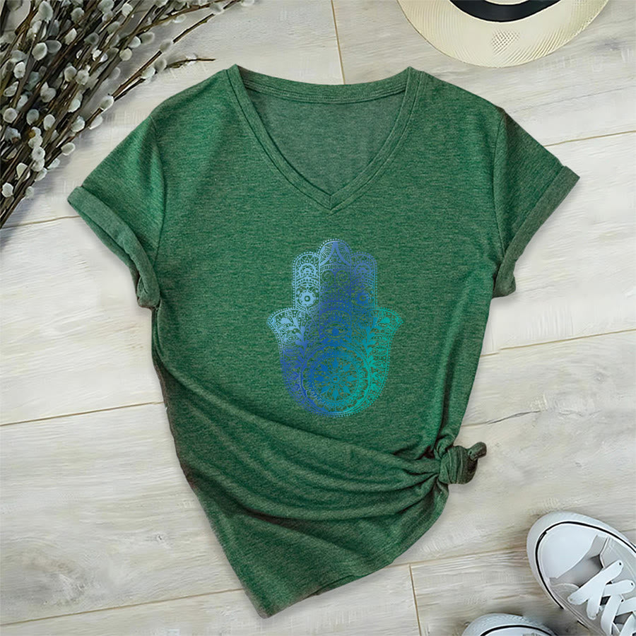 T-shirt de yoga à col en V Olivenorma avec imprimé mandala main Hamsa dégradé - Vert foncé - 2XL - image 21