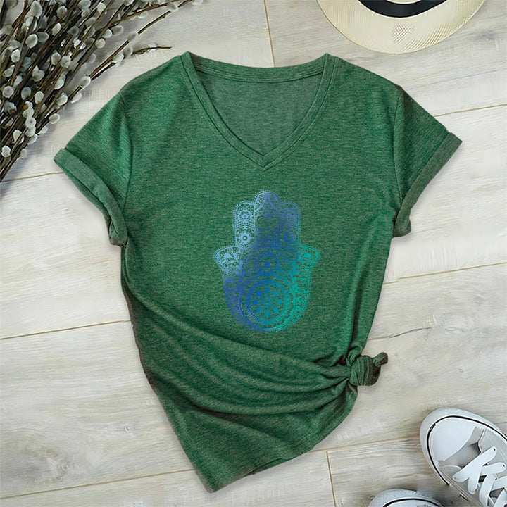 T-shirt de yoga à col en V Olivenorma avec imprimé mandala main Hamsa dégradé - Vert foncé - 2XL - image 21