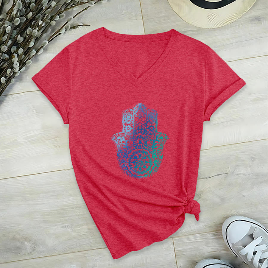 T-shirt de yoga à col en V Olivenorma avec imprimé mandala main Hamsa dégradé - Rouge - 2XL - image 27