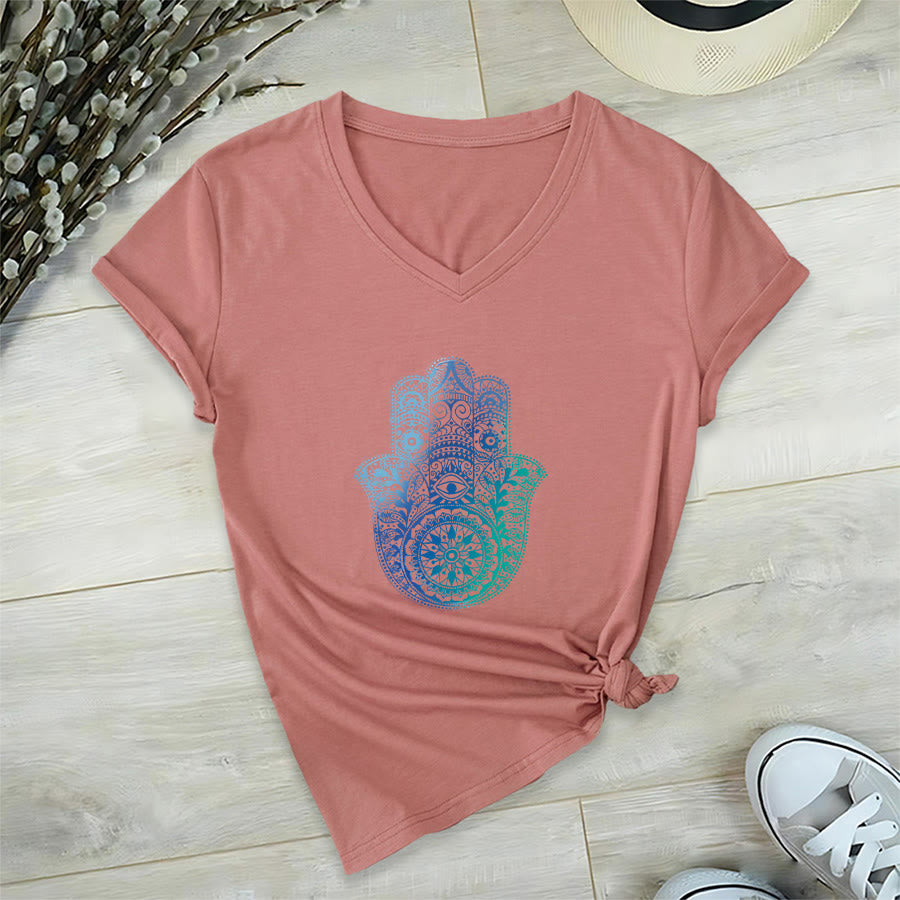 T-shirt de yoga à col en V Olivenorma avec imprimé mandala main Hamsa dégradé - Rose - 2XL - image 6