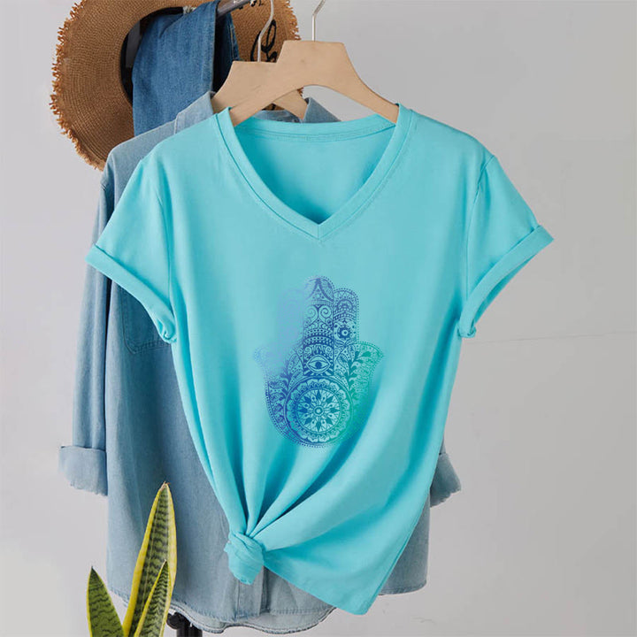T-shirt de yoga à col en V Olivenorma avec imprimé mandala main Hamsa dégradé - image 10