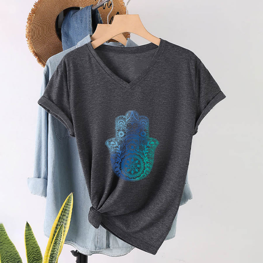 T-shirt de yoga à col en V Olivenorma avec imprimé mandala main Hamsa dégradé - image 16