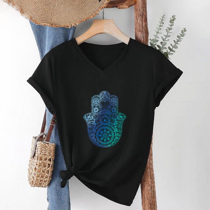 T-shirt de yoga à col en V Olivenorma avec imprimé mandala main Hamsa dégradé - image 13
