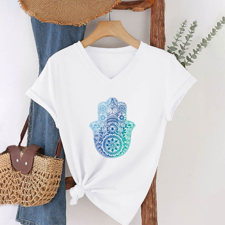 T-shirt de yoga à col en V Olivenorma avec imprimé mandala main Hamsa dégradé - image 1