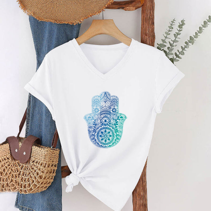 T-shirt de yoga à col en V Olivenorma avec imprimé mandala main Hamsa dégradé - image 1