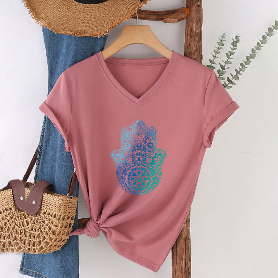 T-shirt de yoga à col en V Olivenorma avec imprimé mandala main Hamsa dégradé - image 7