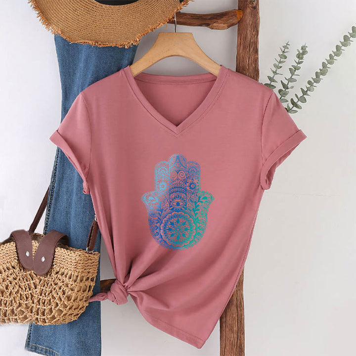 T-shirt de yoga à col en V Olivenorma avec imprimé mandala main Hamsa dégradé - image 7