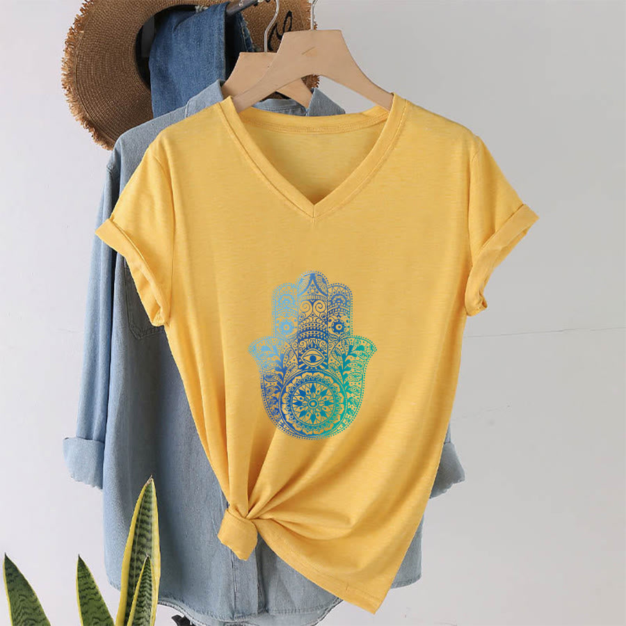 T-shirt de yoga à col en V Olivenorma avec imprimé mandala main Hamsa dégradé - image 31