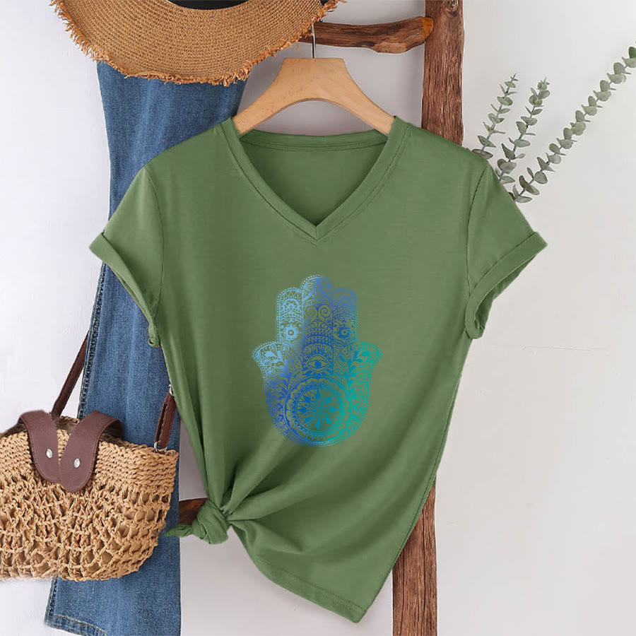 T-shirt de yoga à col en V Olivenorma avec imprimé mandala main Hamsa dégradé - image 25