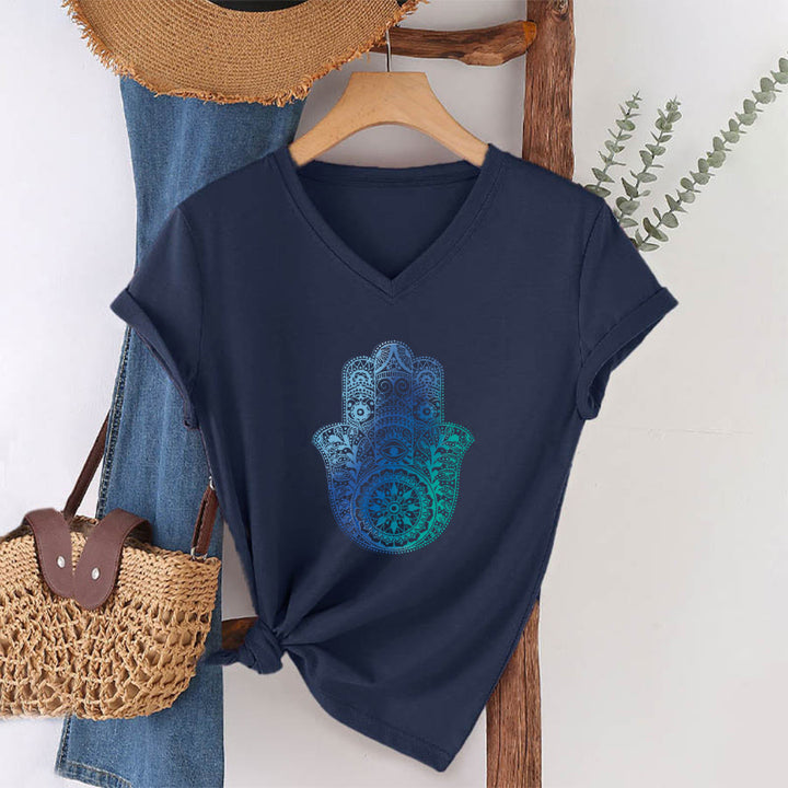 T-shirt de yoga à col en V Olivenorma avec imprimé mandala main Hamsa dégradé - image 19