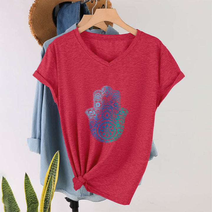 T-shirt de yoga à col en V Olivenorma avec imprimé mandala main Hamsa dégradé - image 28