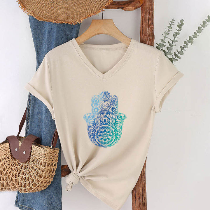 T-shirt de yoga à col en V Olivenorma avec imprimé mandala main Hamsa dégradé - image 4