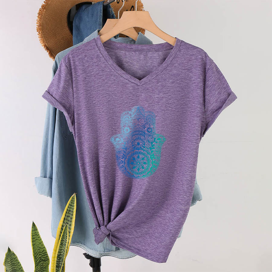 T-shirt de yoga à col en V Olivenorma avec imprimé mandala main Hamsa dégradé - image 37