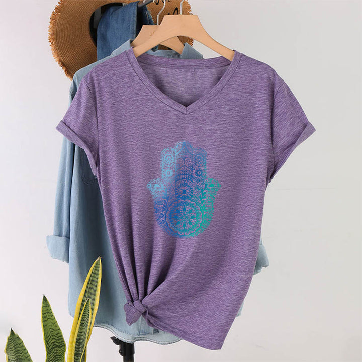 T-shirt de yoga à col en V Olivenorma avec imprimé mandala main Hamsa dégradé - image 37