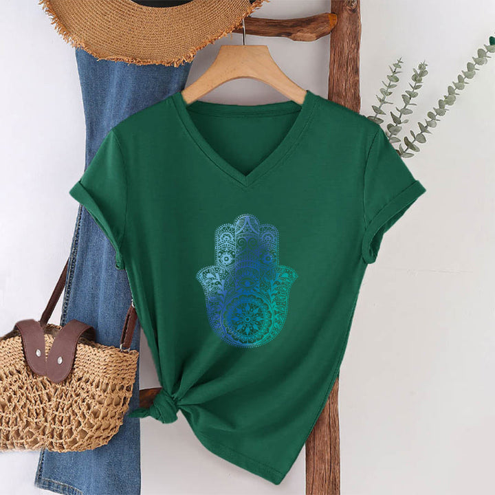 T-shirt de yoga à col en V Olivenorma avec imprimé mandala main Hamsa dégradé - image 22