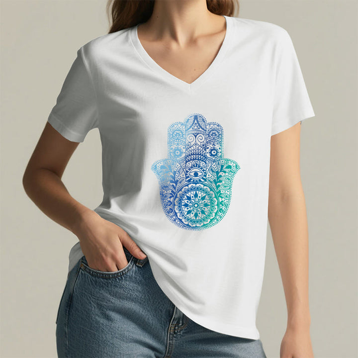 T-shirt de yoga à col en V Olivenorma avec imprimé mandala main Hamsa dégradé - image 2