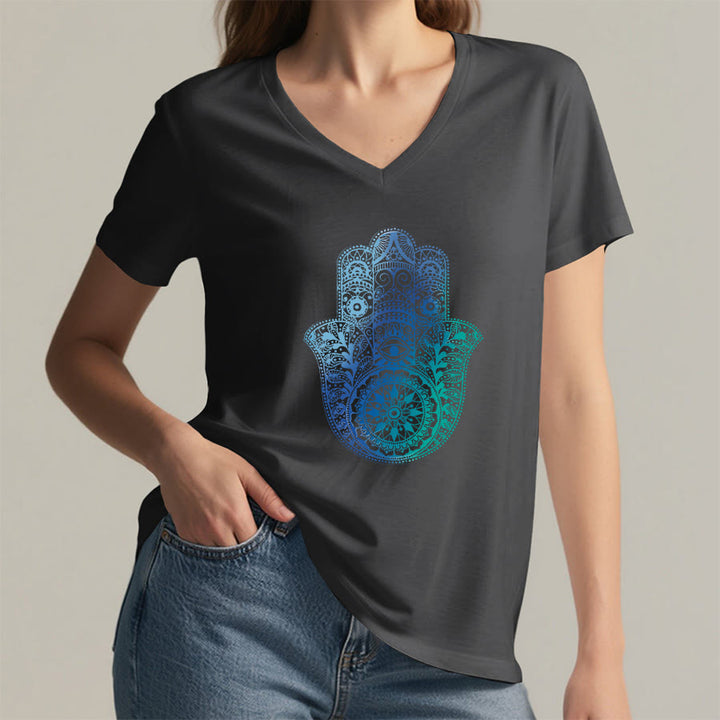 T-shirt de yoga à col en V Olivenorma avec imprimé mandala main Hamsa dégradé - image 17