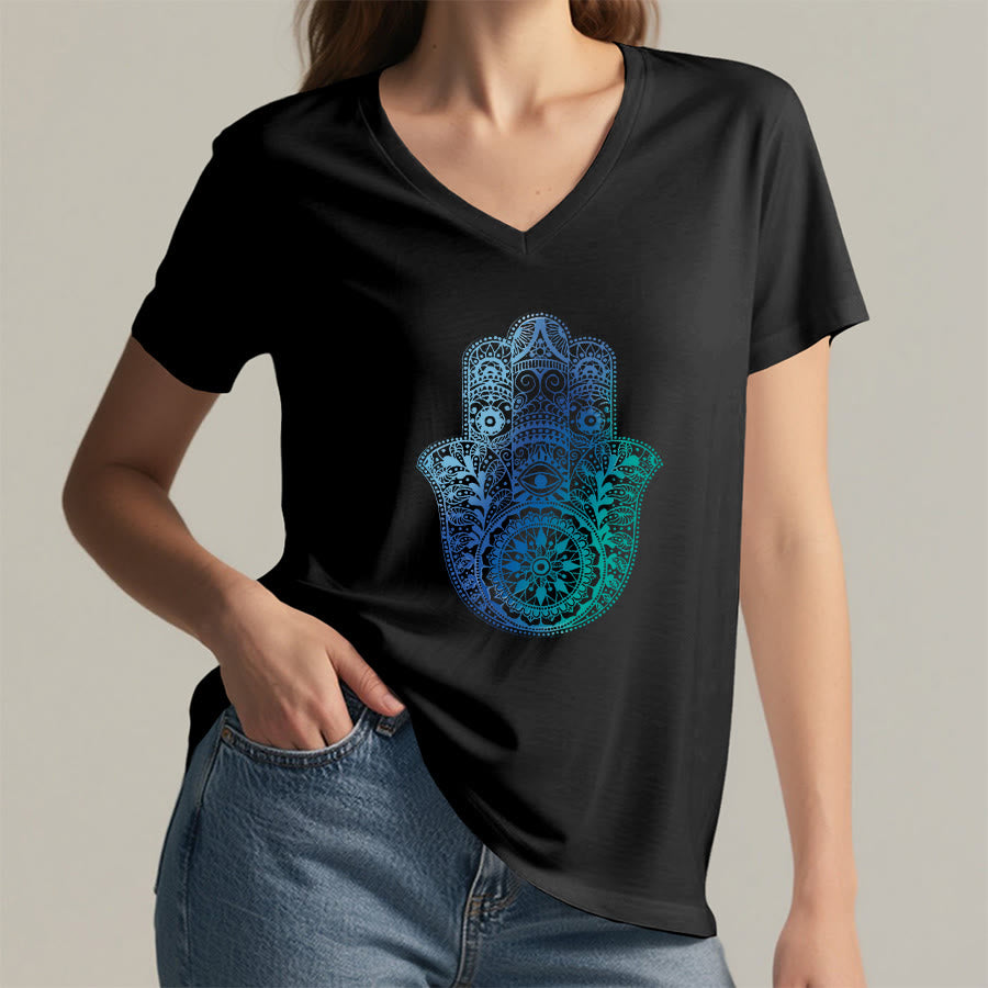 T-shirt de yoga à col en V Olivenorma avec imprimé mandala main Hamsa dégradé - image 14