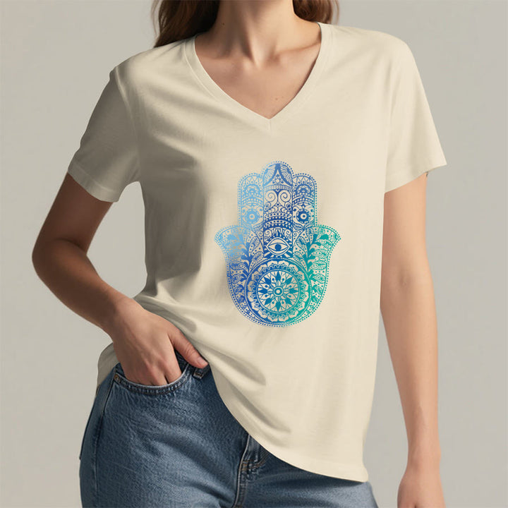 T-shirt de yoga à col en V Olivenorma avec imprimé mandala main Hamsa dégradé - image 5