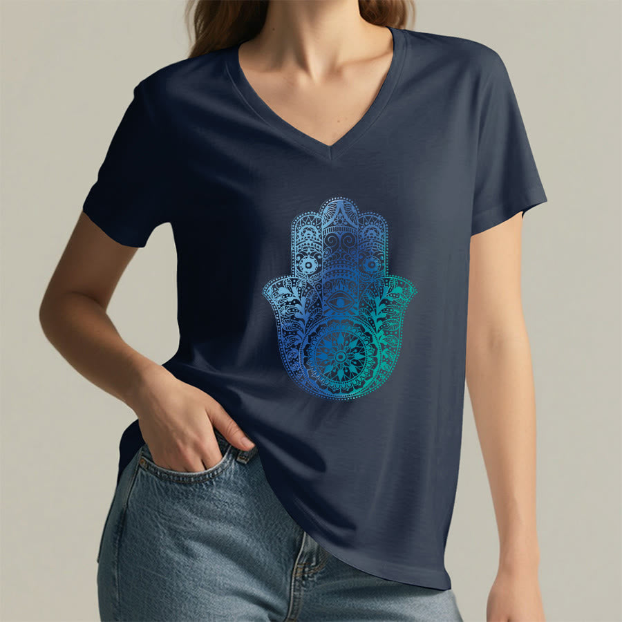 T-shirt de yoga à col en V Olivenorma avec imprimé mandala main Hamsa dégradé - image 20