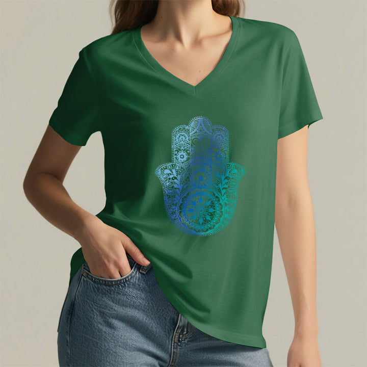 T-shirt de yoga à col en V Olivenorma avec imprimé mandala main Hamsa dégradé - image 23