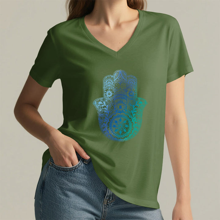 T-shirt de yoga à col en V Olivenorma avec imprimé mandala main Hamsa dégradé - image 26