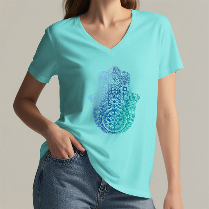 T-shirt de yoga à col en V Olivenorma avec imprimé mandala main Hamsa dégradé - image 11