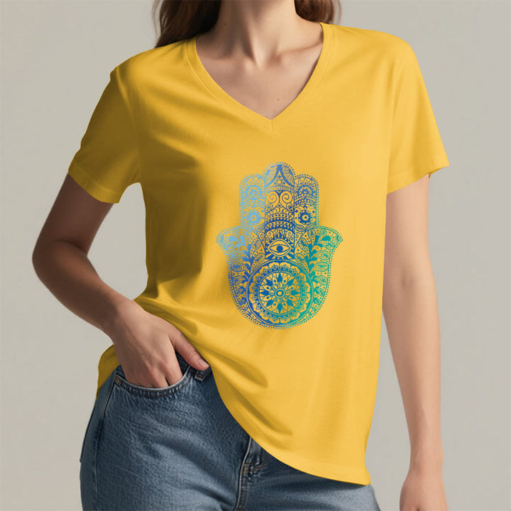 T-shirt de yoga à col en V Olivenorma avec imprimé mandala main Hamsa dégradé - image 32
