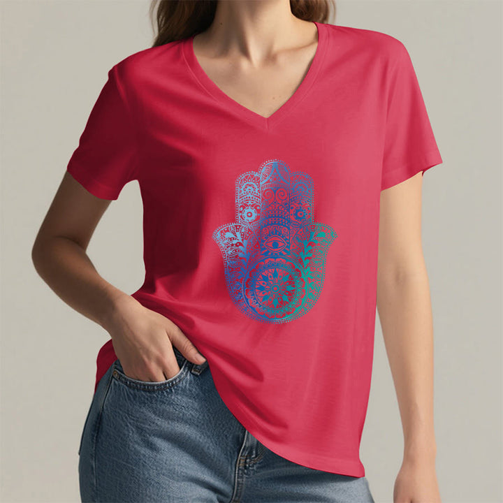 T-shirt de yoga à col en V Olivenorma avec imprimé mandala main Hamsa dégradé - image 29