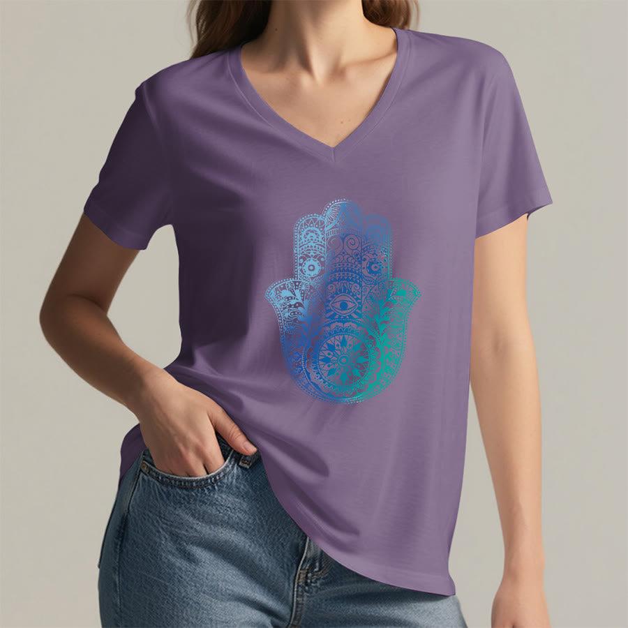 T-shirt de yoga à col en V Olivenorma avec imprimé mandala main Hamsa dégradé - image 38