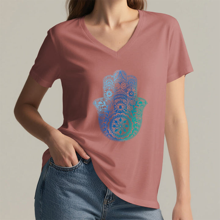 T-shirt de yoga à col en V Olivenorma avec imprimé mandala main Hamsa dégradé - image 8