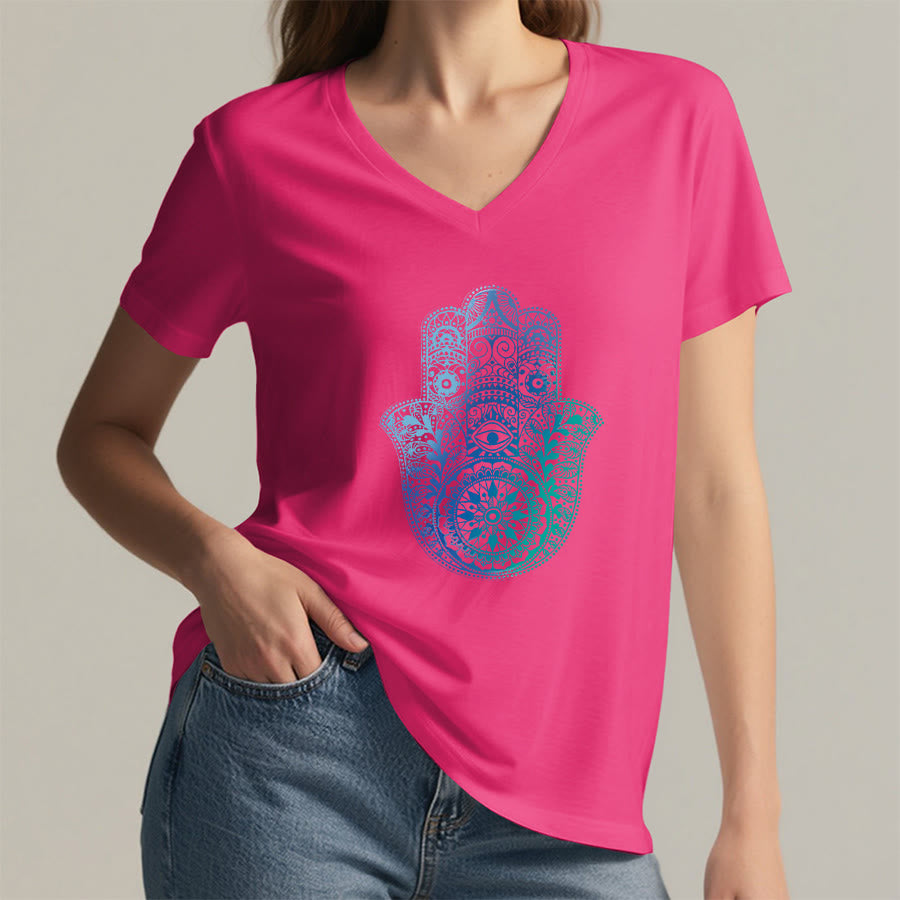 T-shirt de yoga à col en V Olivenorma avec imprimé mandala main Hamsa dégradé - image 35