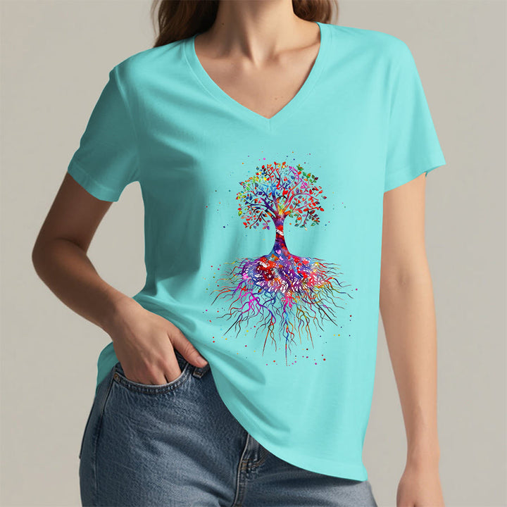 T-shirt de yoga à col en V Olivenorma avec imprimé aquarelle Arbre de Vie et Racines - image 10