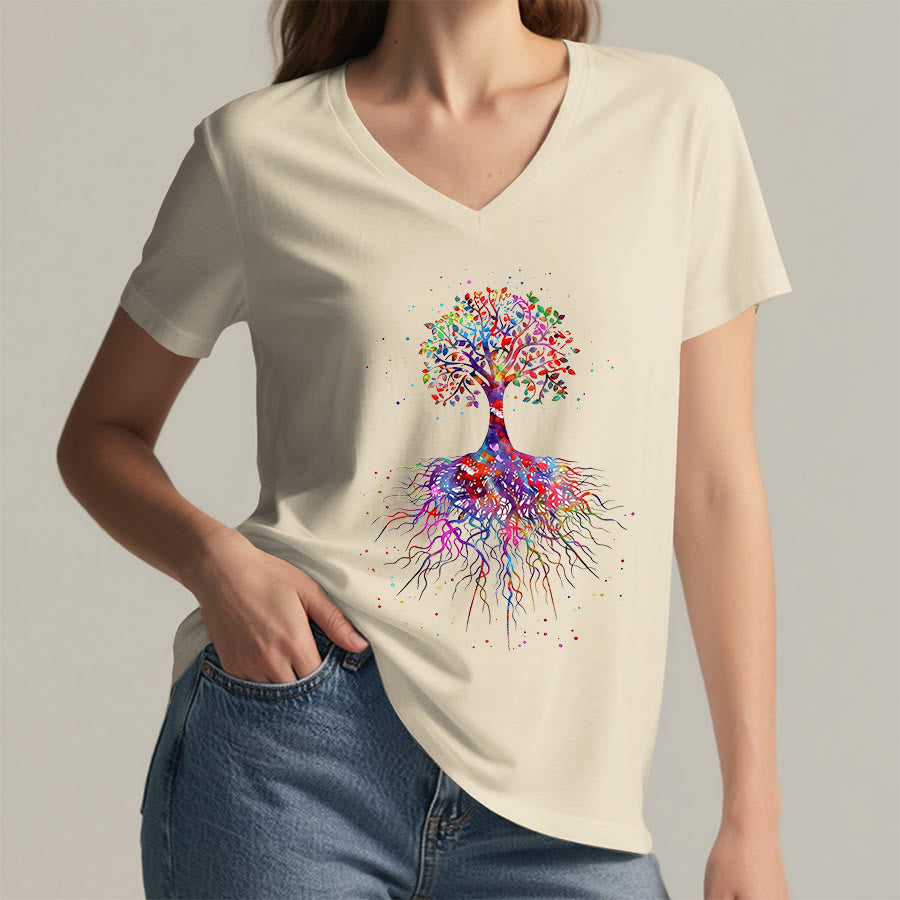 T-shirt de yoga à col en V Olivenorma avec imprimé aquarelle Arbre de Vie et Racines - image 4