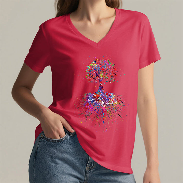 T-shirt de yoga à col en V Olivenorma avec imprimé aquarelle Arbre de Vie et Racines - image 28
