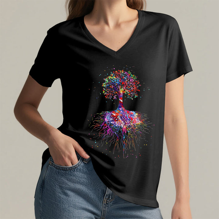 T-shirt de yoga à col en V Olivenorma avec imprimé aquarelle Arbre de Vie et Racines - image 13