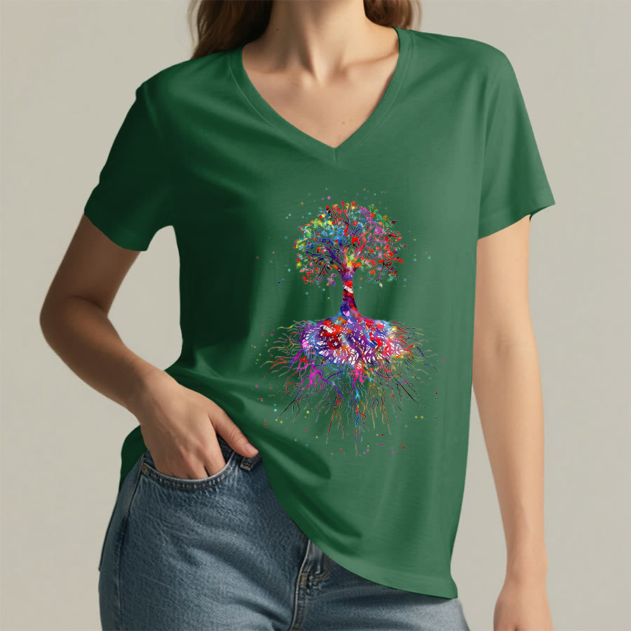 T-shirt de yoga à col en V Olivenorma avec imprimé aquarelle Arbre de Vie et Racines - image 22