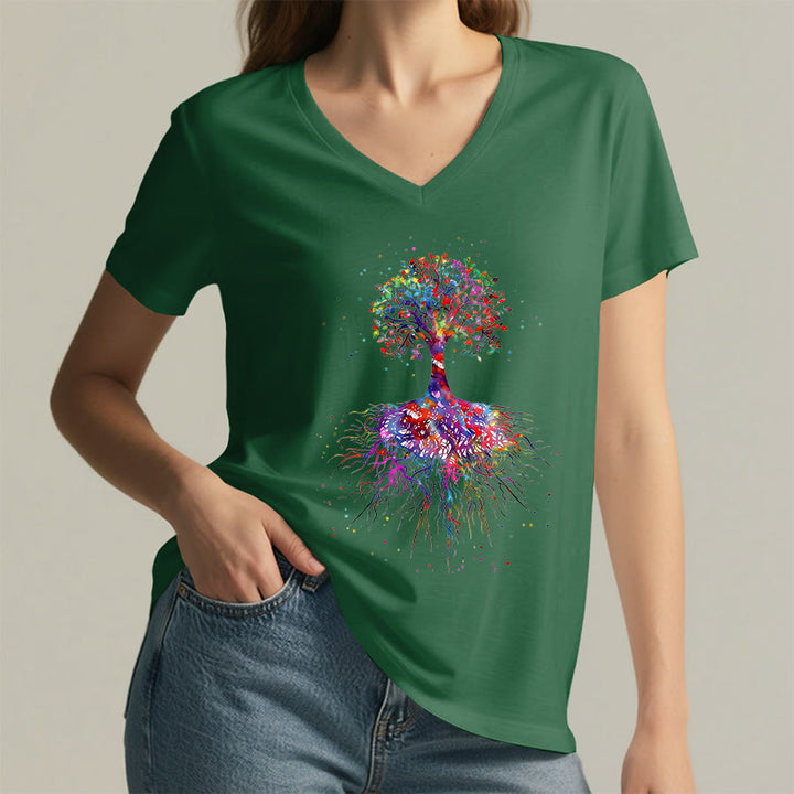T-shirt de yoga à col en V Olivenorma avec imprimé aquarelle Arbre de Vie et Racines - image 22