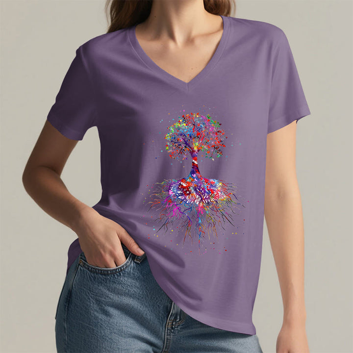 T-shirt de yoga à col en V Olivenorma avec imprimé aquarelle Arbre de Vie et Racines - image 37