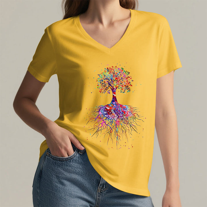 T-shirt de yoga à col en V Olivenorma avec imprimé aquarelle Arbre de Vie et Racines - image 31