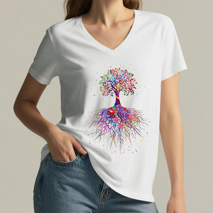 T-shirt de yoga à col en V Olivenorma avec imprimé aquarelle Arbre de Vie et Racines - image 1