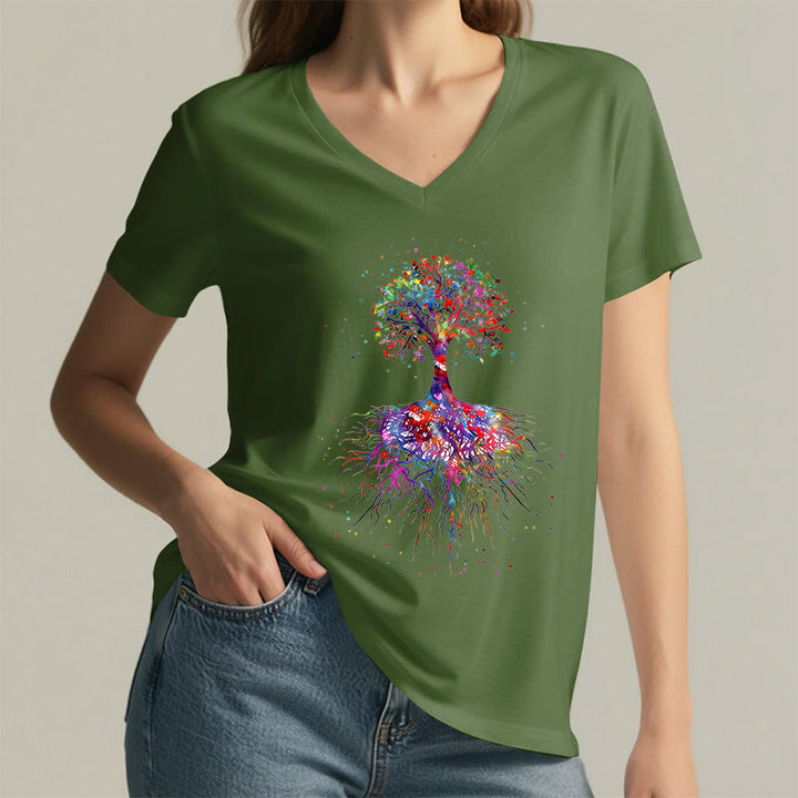 T-shirt de yoga à col en V Olivenorma avec imprimé aquarelle Arbre de Vie et Racines - image 25