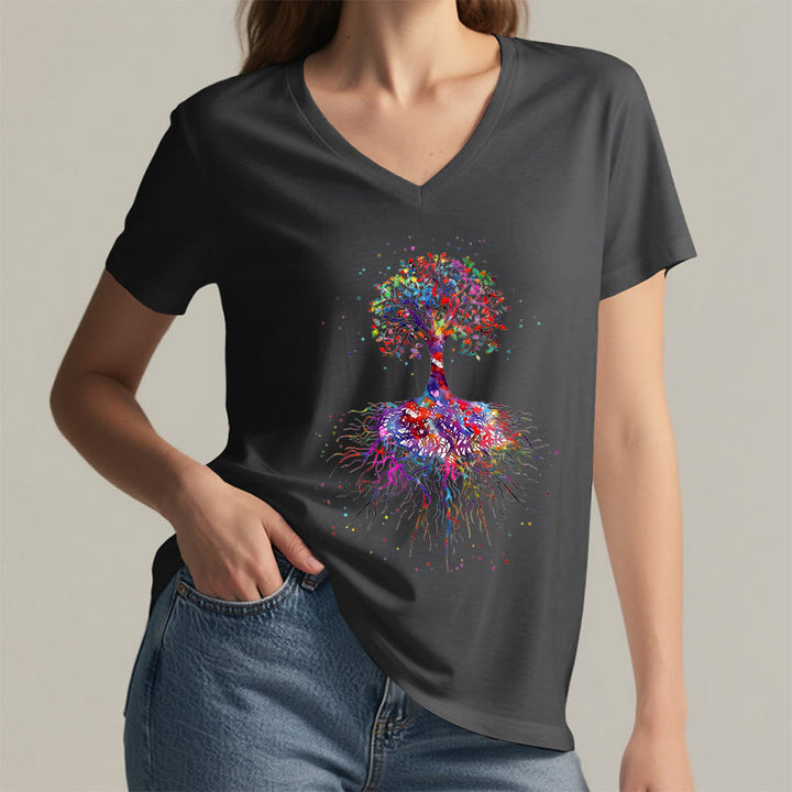 T-shirt de yoga à col en V Olivenorma avec imprimé aquarelle Arbre de Vie et Racines - image 16